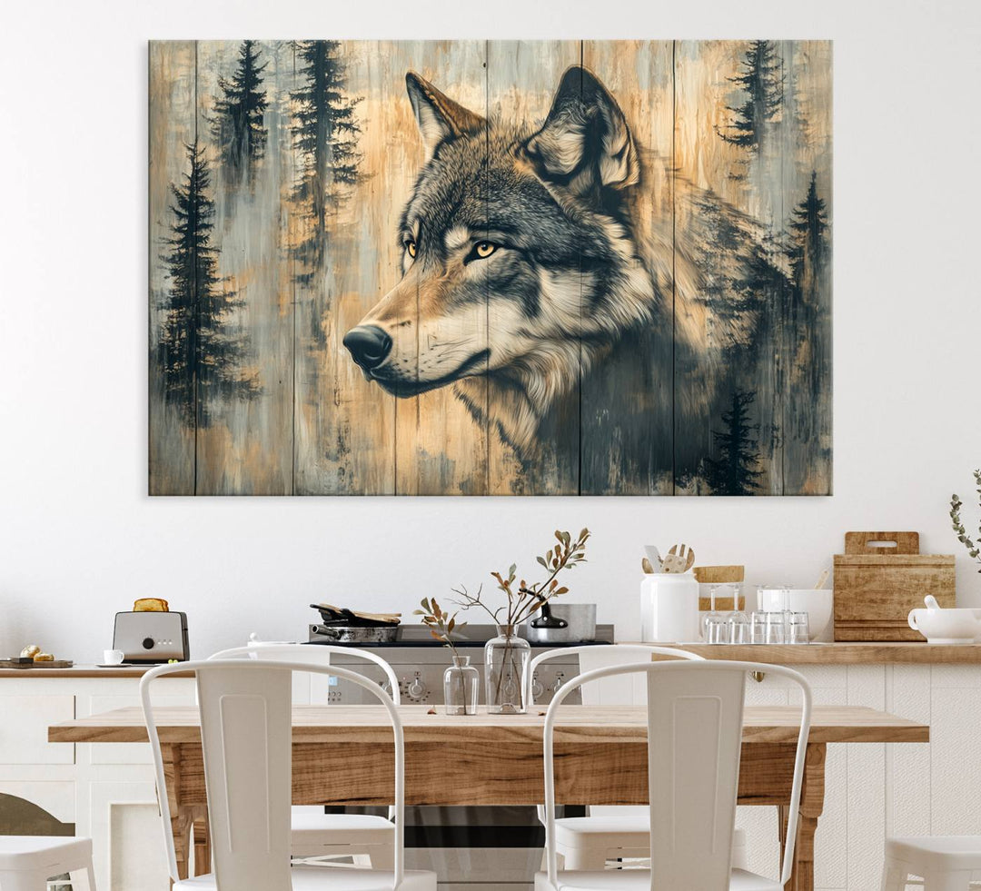 A Wood Style Rustic Wolf Wall Art Canvas Print adorns the kitchen.