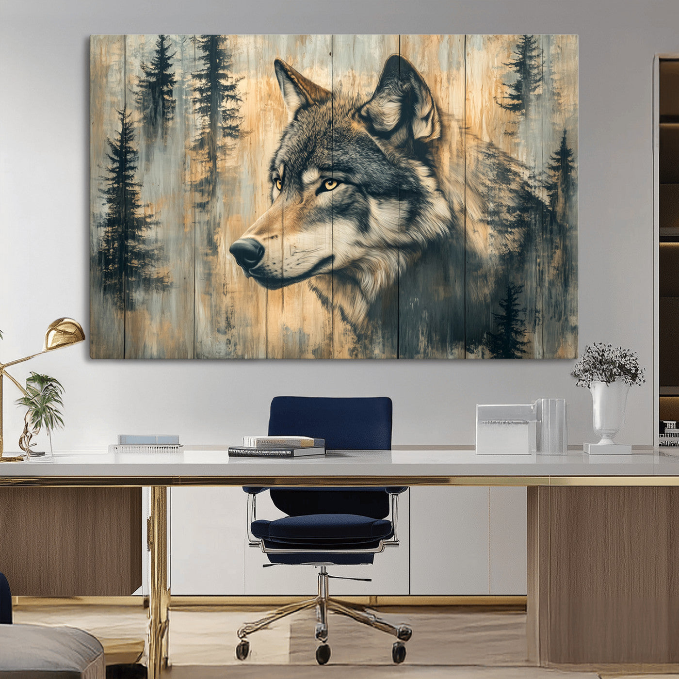 MGV-CV-36X24 - Wood Style Rustic Wolf Wall Art Canvas Print, Vintage Woodland Wolf Wall Art, Framed Wood Style Wolf