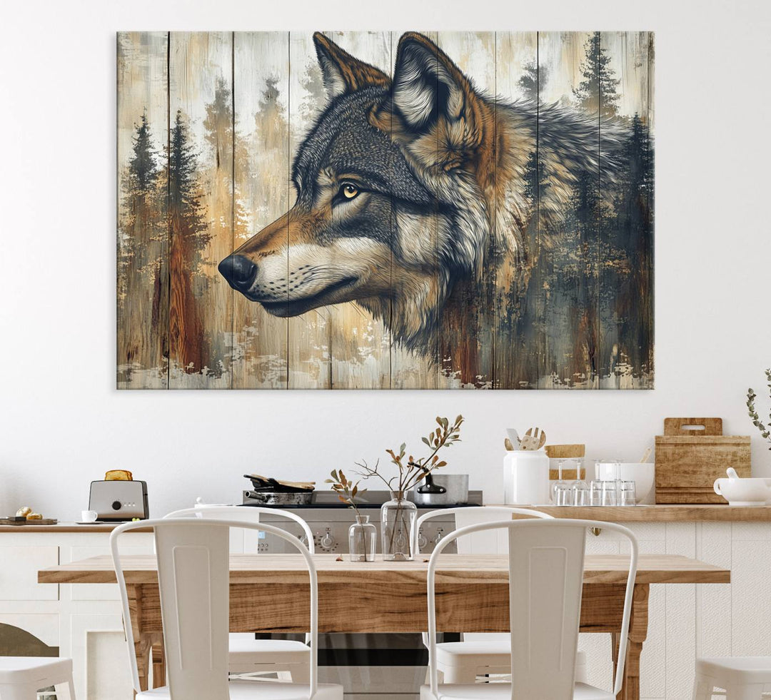 A kitchen dining area features Rustic Wolf Wall Art.