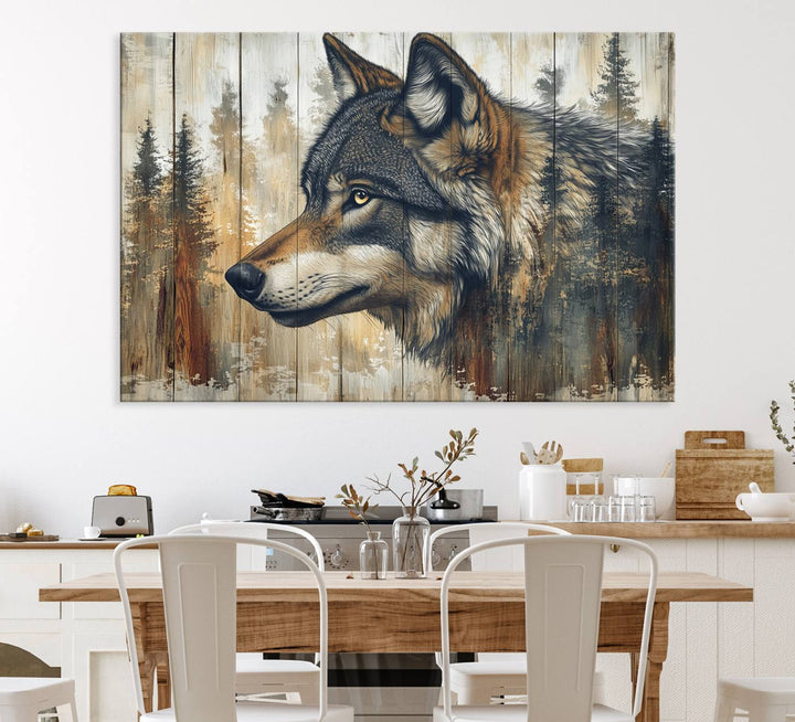 A Rustic Wolf Wall Art Canvas Print in earthy tones adorns the wall above the countertop.