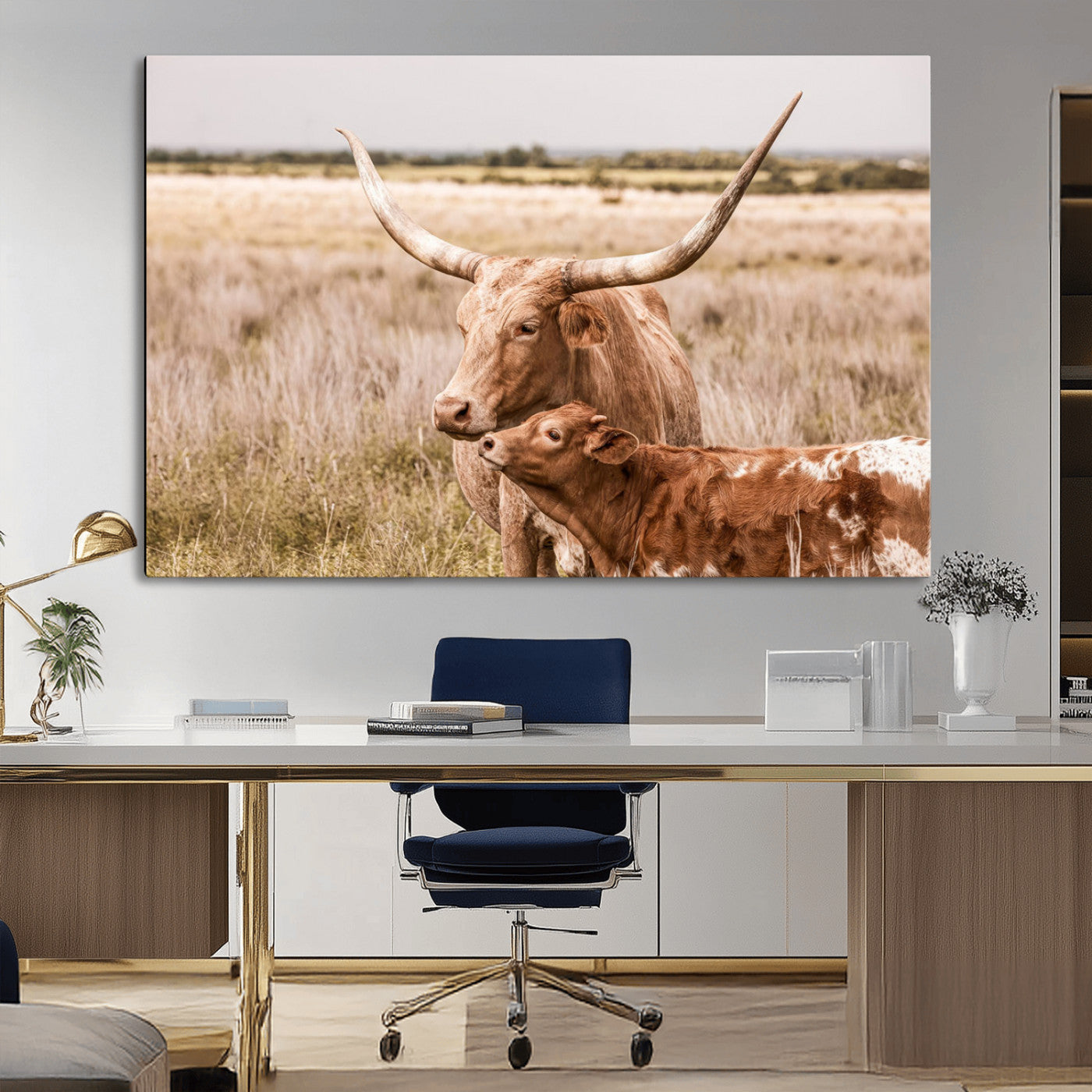 MGV-CV-36X24 - Texas Longhorn Cow Wall Art Canvas Print for Farmhouse Wall Art, Texas Decor, Western Wall Art Print