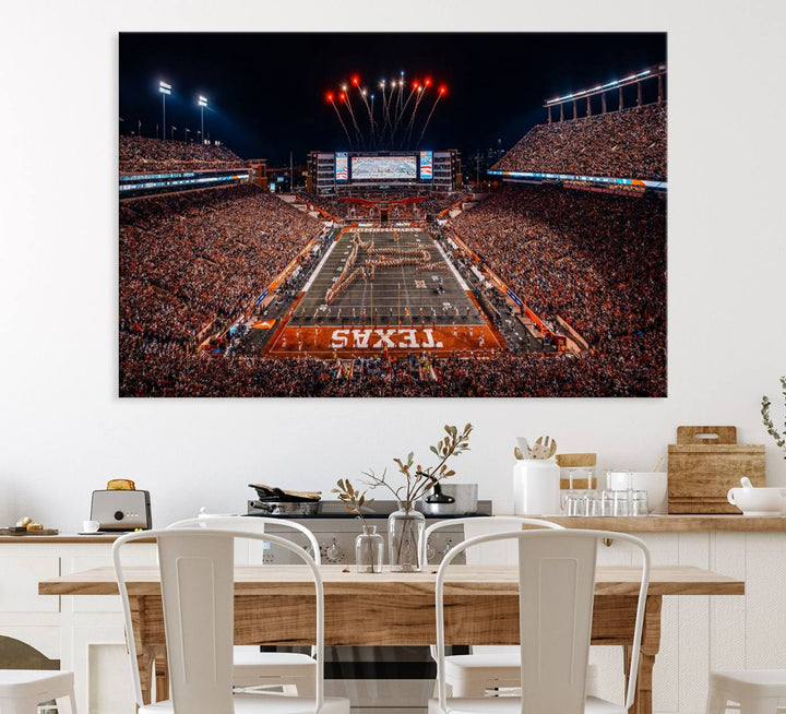 A Texas Memorial Stadium canvas print with fireworks embellishes the modern living room.