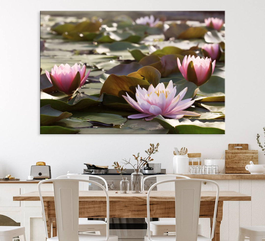 The dining room features the Water Lily Large Canvas Print.