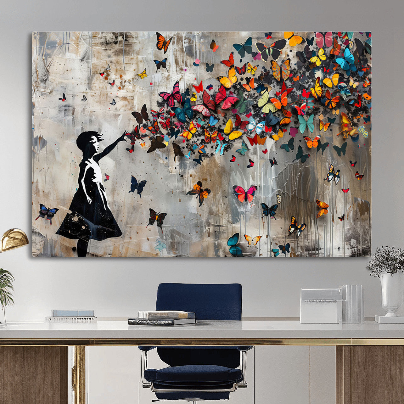 51446-MGV-CV-36X24 - Banksy Butterfly Girl Wall Art | 3-Piece Butterfly Girl Canvas