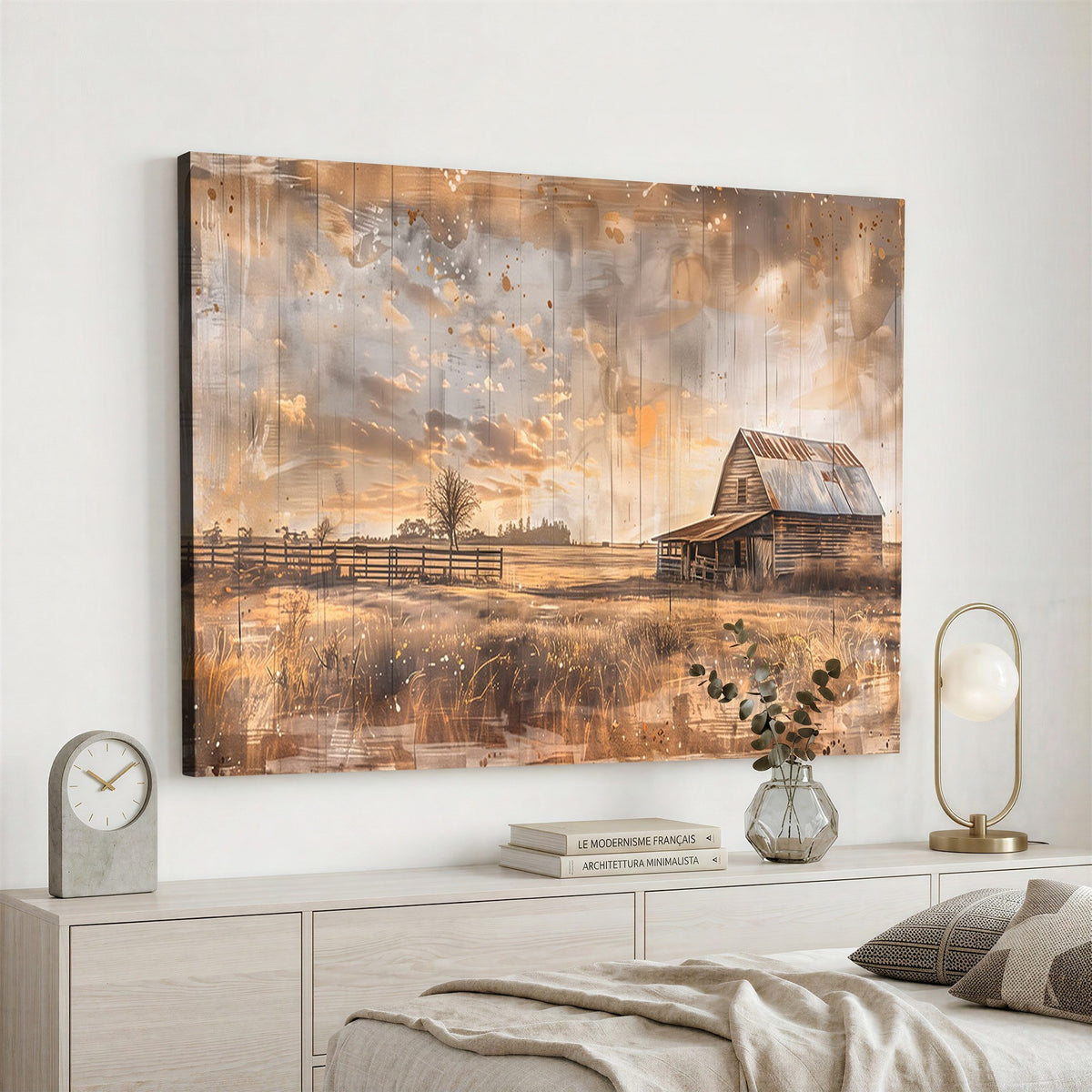 FARM2-MGV-CV-24X16 - Rustic Farmhouse Wall Art Canvas Print | Barn and Field Vintage Country Landscape