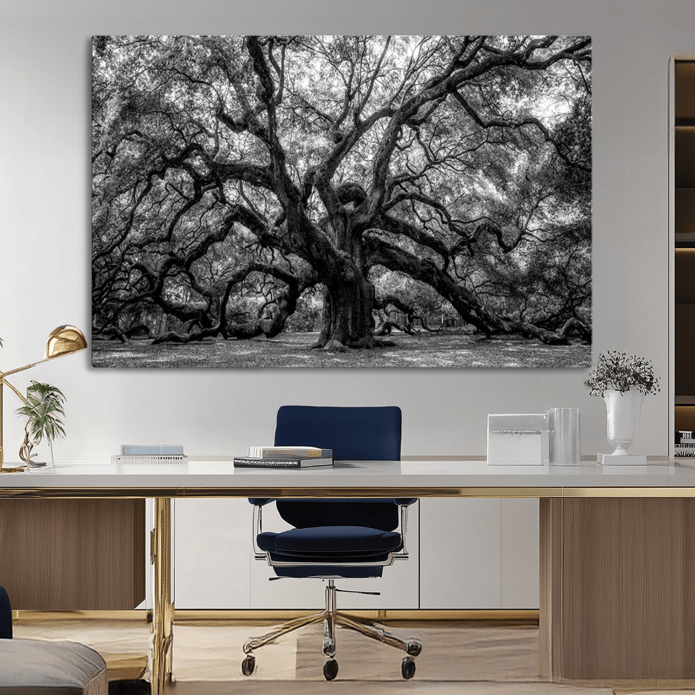 MGV-CV-36X24 - Black and White Old Angel Oak Tree Wall Art Canvas Print