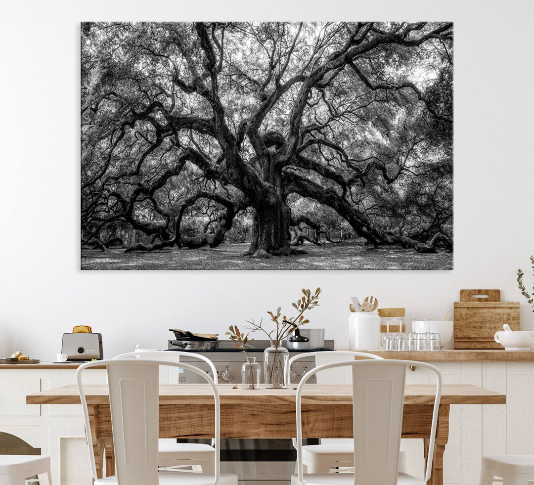 The Black and White Old Angel Oak Tree Canvas Print enhances the modern dining room.