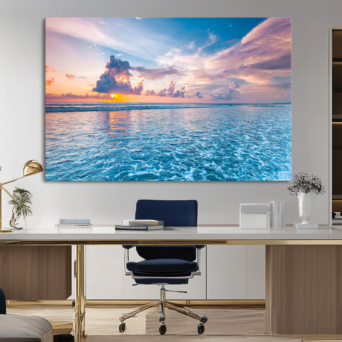 36641-MGV-CV-36X24-Ocean Sunset Canvas Wall Art Print - Tranquil Seascape with Vibrant Sky and Rolling Waves Canvas Print - Coastal Wall Decor for Home or