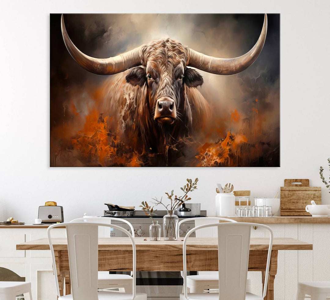 A Highland Bull with striking horns is depicted in a fiery abstract style on a ready-to-hang wall art canvas, evoking strength.