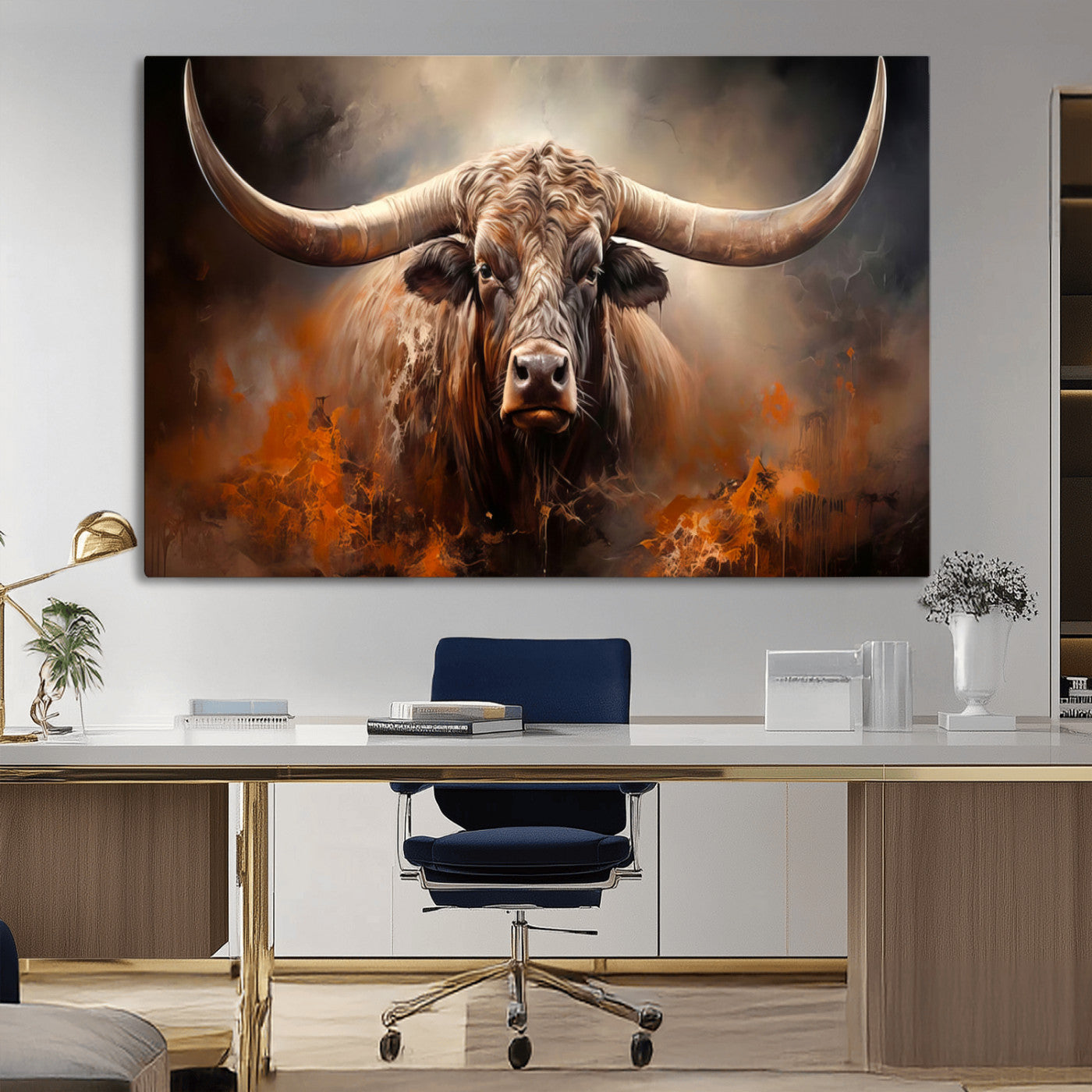 MGV-CV-36X24 - Highland Bull Canvas Abstract Canvas Wall Art Print – Powerful Highland Bull with Striking Horns in