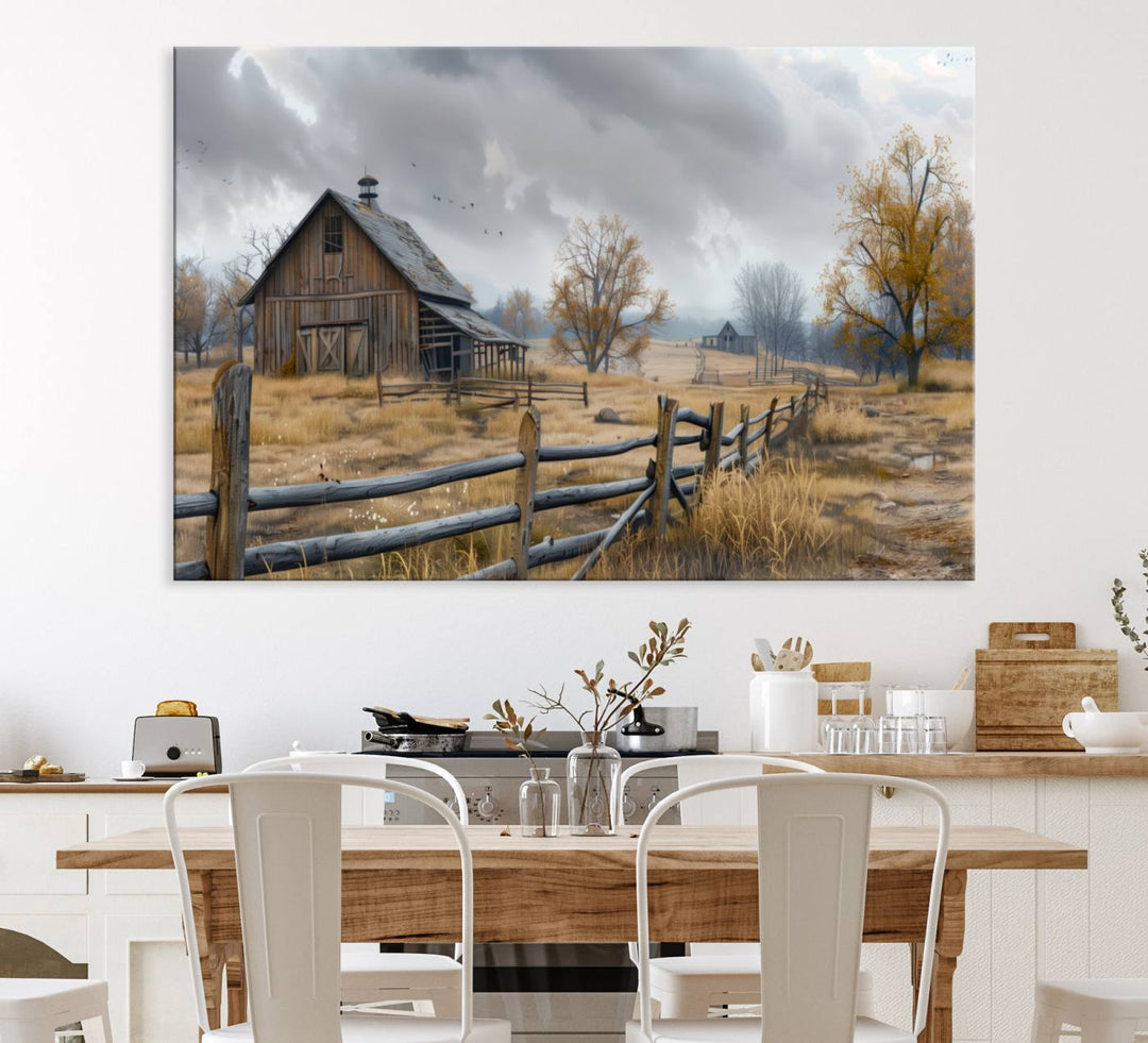 Rustic Autumn Farmhouse Wall Art – Weathered Barn & Trees Canvas Print, featuring a serene scene with birds in the sky. This piece is ready to hang.