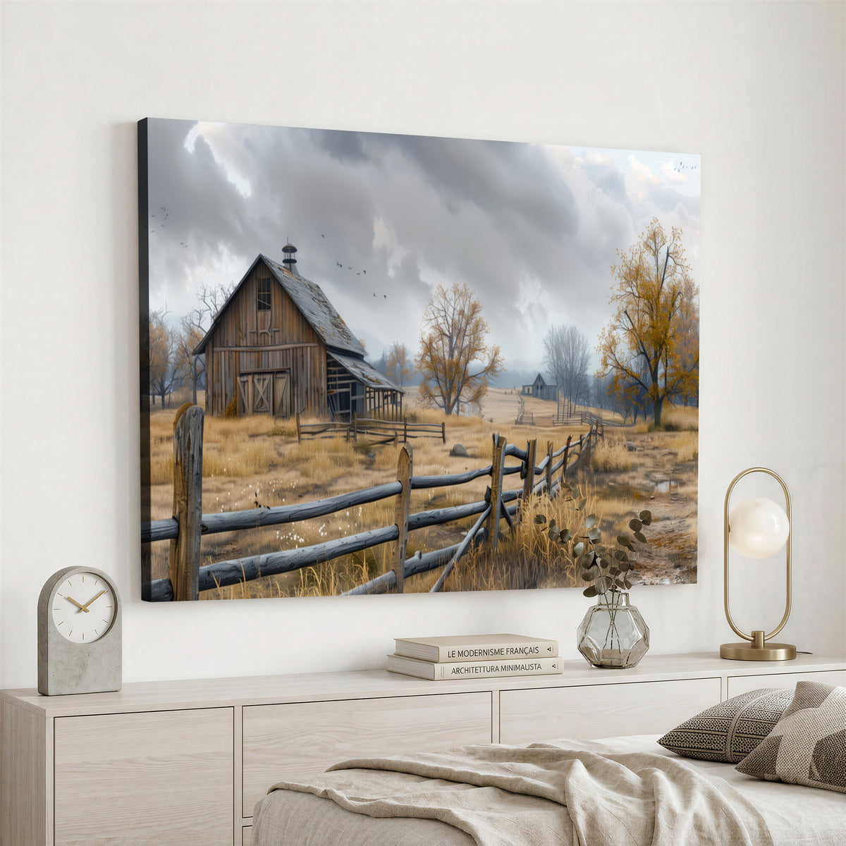 Farm1-MGV-CV-36X24 - Rustic Autumn Farmhouse Wall Art Canvas Print | Serene Countryside with Weathered Barn