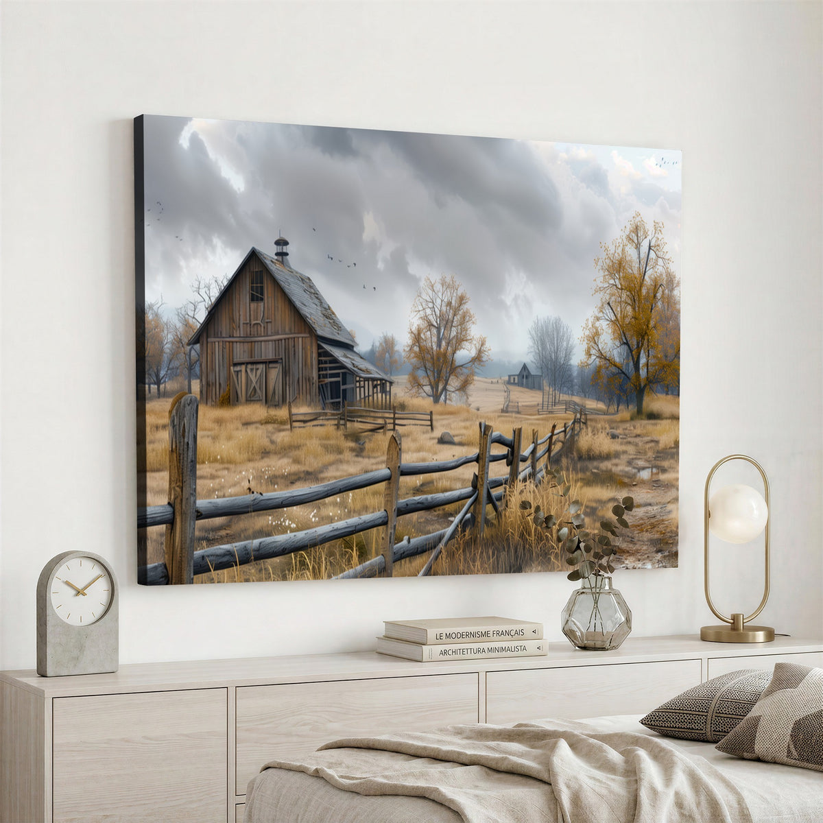 Farm1-MGV-CV-24X16 - Rustic Autumn Farmhouse Wall Art Canvas Print | Serene Countryside with Weathered Barn