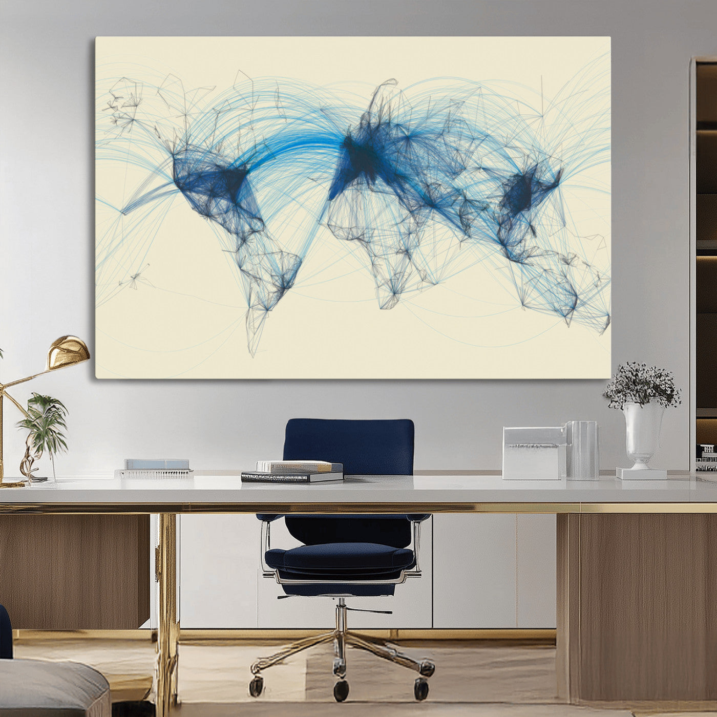 MGV-CV-36X24 - Flight Routes Map art Air Traffic Avi World Map with Blue Connections Canvas Wall Art – Modern