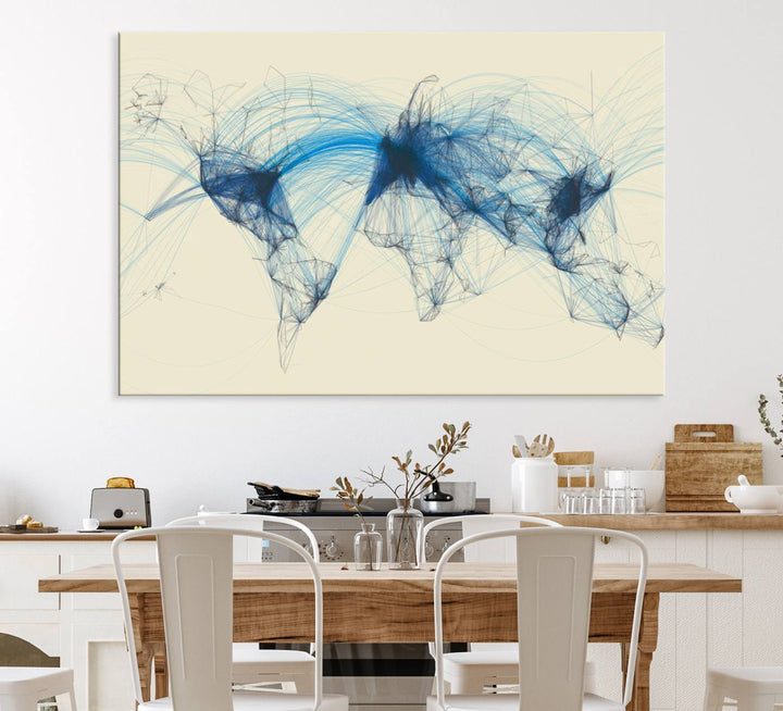 Flight Routes Map: Air Traffic Avi World Map featuring blue lines symbolizing global data. Ideal for home decor and ready to hang.