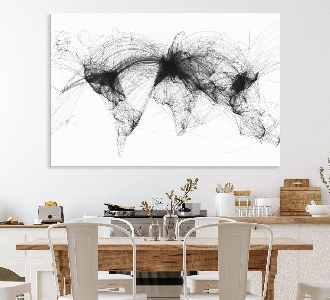 The Flight Routes Air Traffic canvas wall art, framed and ready to hang, is perfect for aviation enthusiasts.