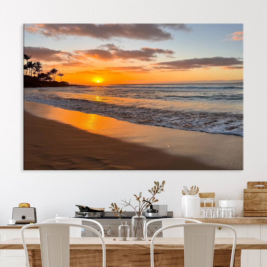 Sunset Wall Art Print featuring a beach sunset with waves and palms, perfect for coastal decor.