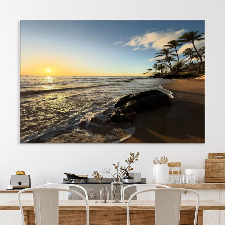 A serene tropical sunset on canvas, featuring palms and waves, serves as perfect Tropical Beach Wall Art for home or office decor.