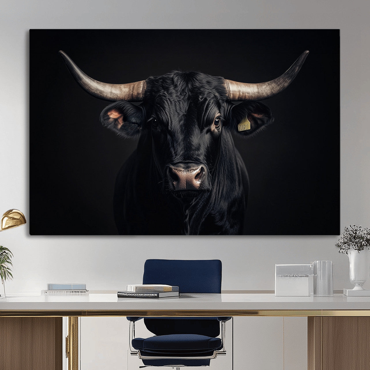 MGV-CV-36X24 - Black Bull Wall Art – Framed Horned Bull Canvas Artwork, Western Cattle Design, Rustic Ranch Style Decor for Home, Office