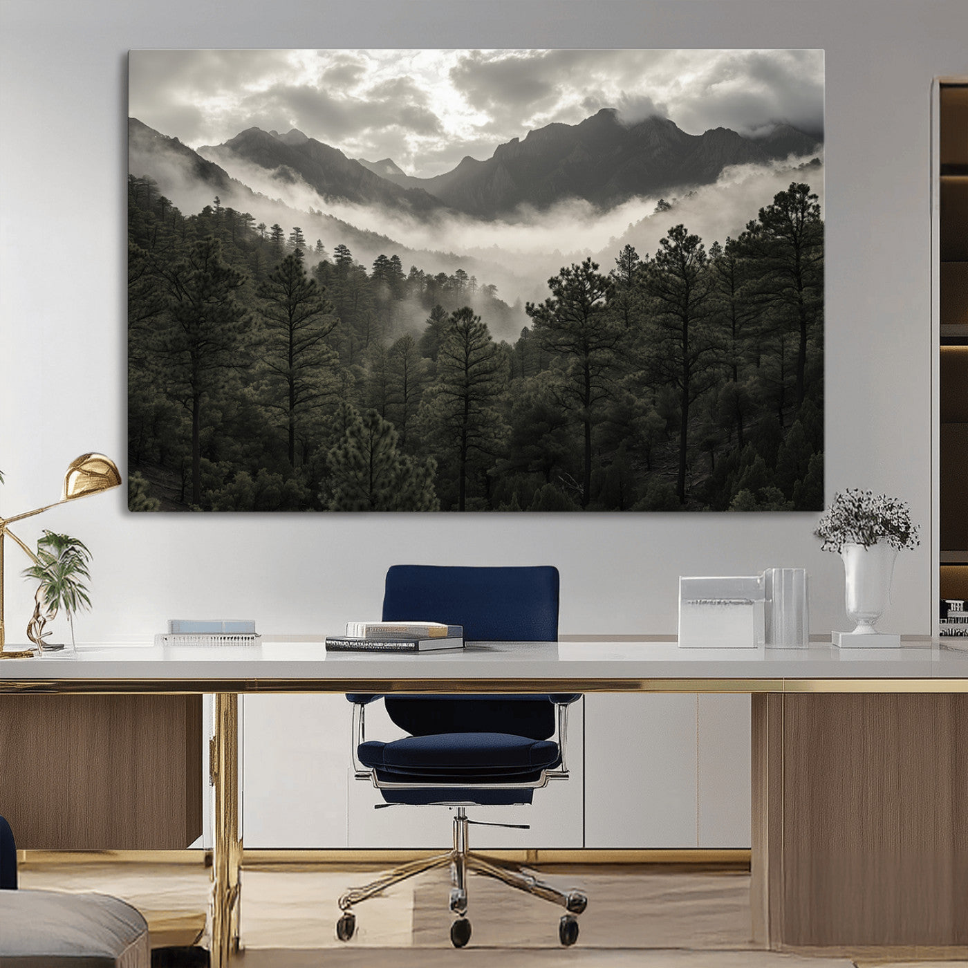 MGV-CV-36X24 - Misty Mountain Forest Wall Art – Canvas Print of Cloudy Peaks, Tranquil Pines, Enchanted Landscape, Majestic Nature Decor for Home or Office
