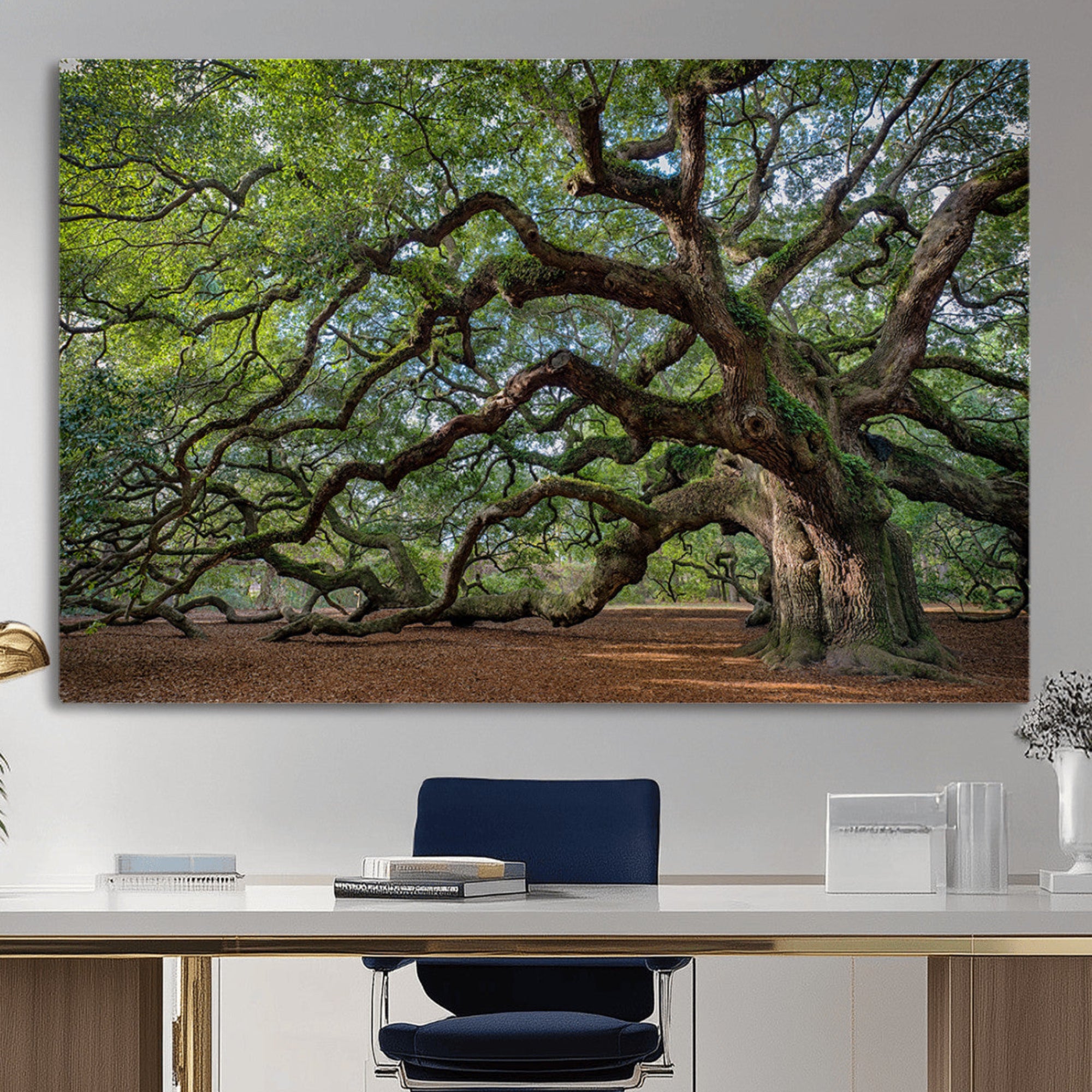 94886260-MGV-CV-36X24-Historic Tree Wall Art – Framed Mossy Branch Canvas Artwork, Twisted Woodland Design, Rustic Nature Decor for Home, Office
