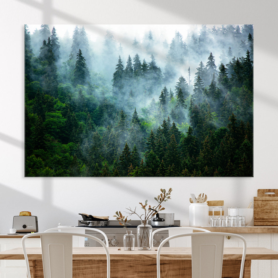 Misty Forest Art Wall Art Canvas Print, Foggy Mountain Art Print, Framed Scenic Wall Print Art Print, Large Woodland Canvas Printing Perfect