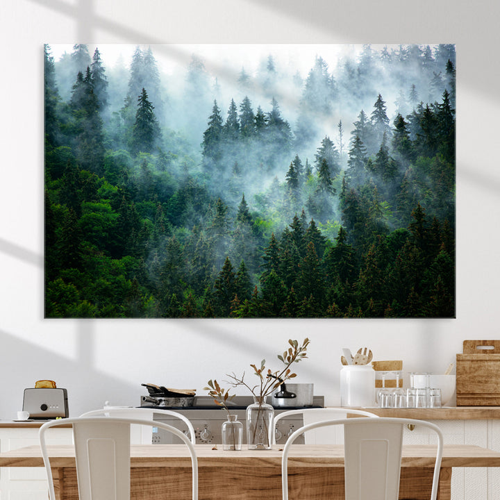 Misty Forest Art Wall Art Canvas Print, Foggy Mountain Art Print, Framed Scenic Wall Print Art Print, Large Woodland Canvas Printing Perfect