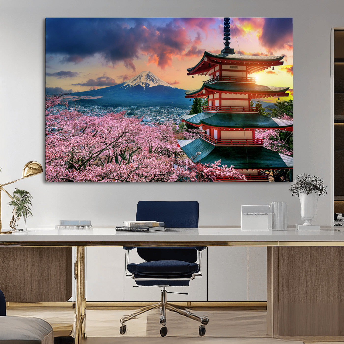 MGV-CV-36X24 - Mount Fuji & Cherry Blossom Wall Art Canvas Print – Iconic Japanese Landscape, Sakura Pagoda Sunset,