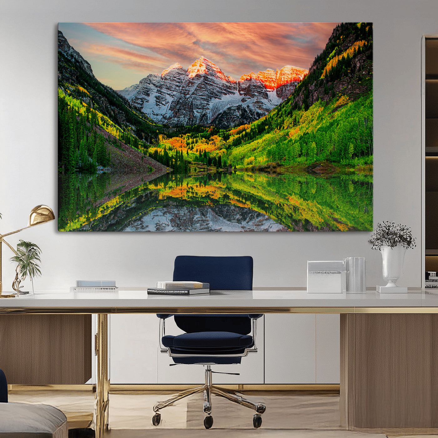 MGV-CV-36X24 - Maroon Bells Lake Wall Art Canvas Print – Majestic Colorado Mountain Landscape, Autumn Reflection,