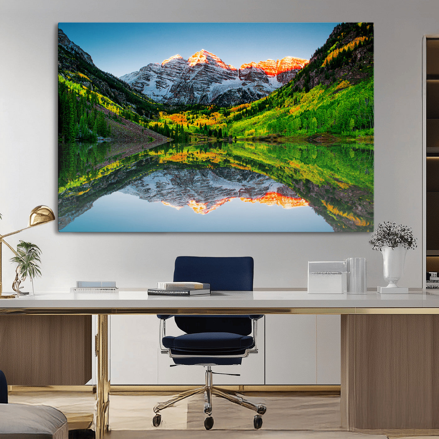 MGV-CV-36X24 - Maroon Bells Lake Print Wall Art – Majestic Colorado Mountain Landscape, Autumn Reflection,