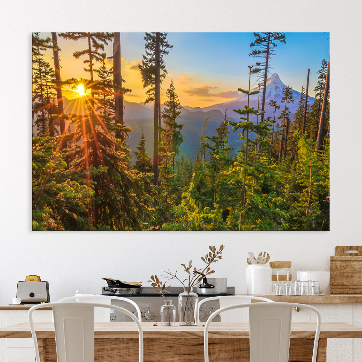 Forest Sunset Wall Art Canvas Print, Framed Sunset Trees Art Picture Print, Green Pines Perfect Rustic Nature Decor