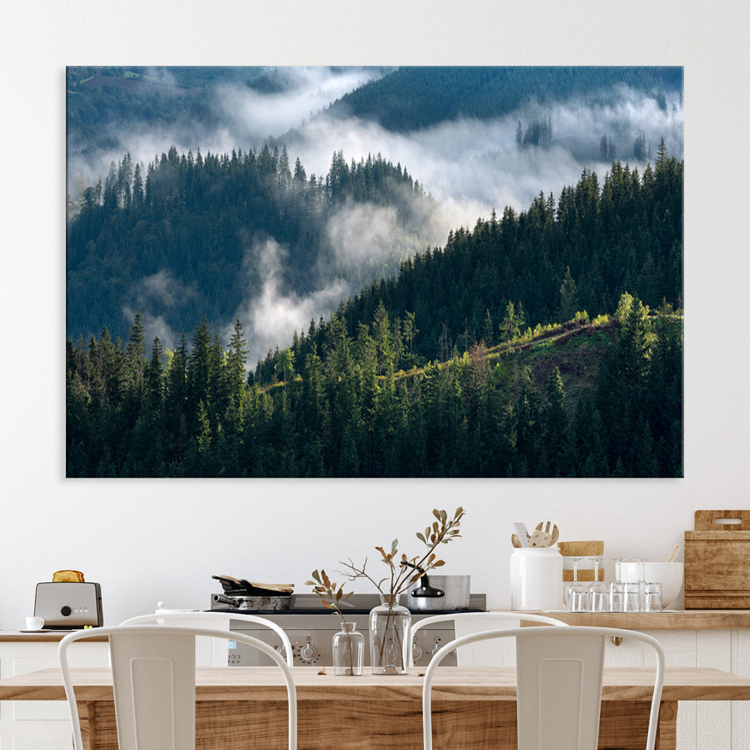 Misty Forest Wall Art Canvas Print, Framed Pine Hills Art Picture Print, Moody Hills Perfect Moody Woodland Decor Artwork