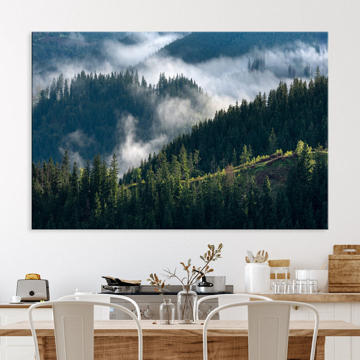 Misty Forest Wall Art Canvas Print, Framed Pine Hills Art Picture Print, Moody Hills Perfect Moody Woodland Decor Artwork