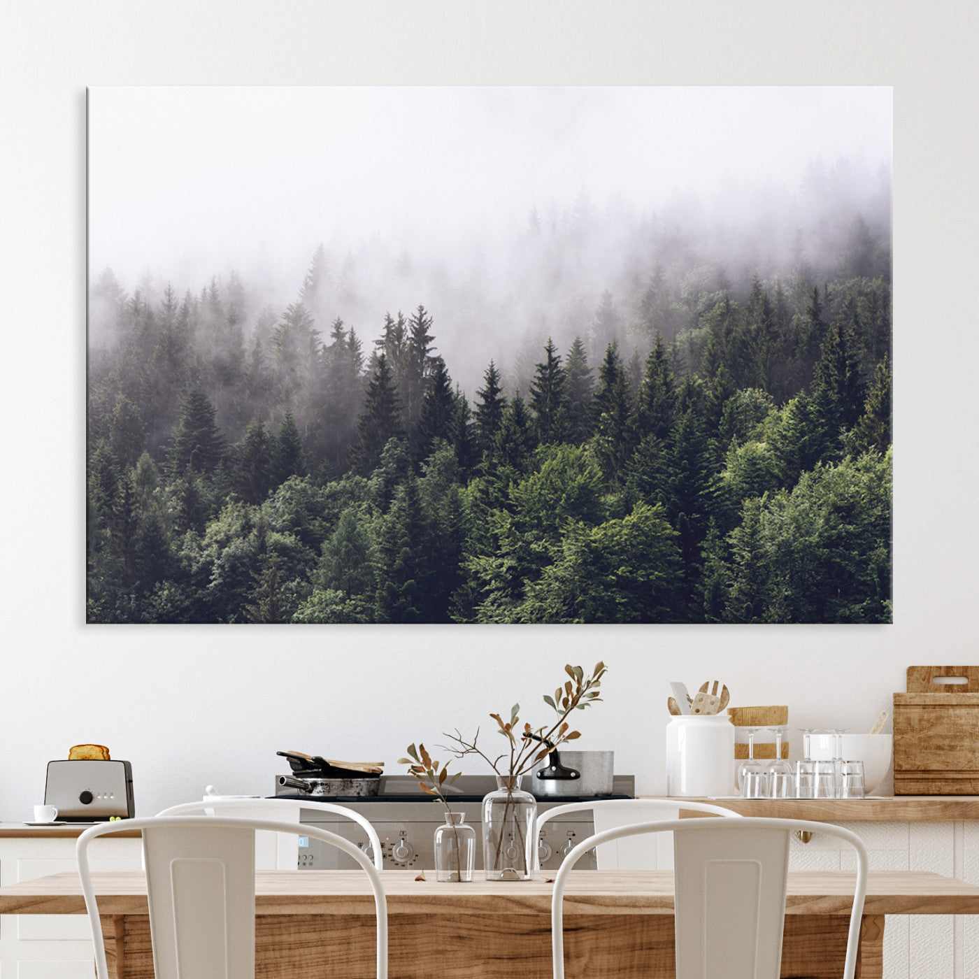 Misty Forest Wall Art Canvas Print, Framed Foggy Pines Art Picture Print, Pine Valley Perfect Moody Woodland Decor