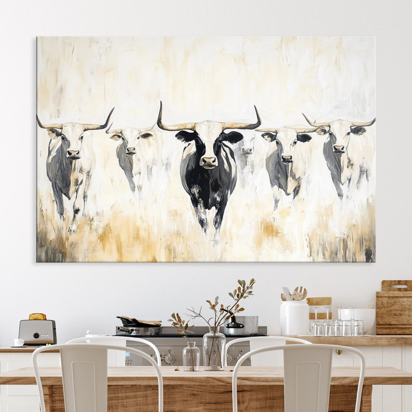 Texas Longhorn Canvas Print, Framed Rustic Herd Art Picture Print, Western Bull Perfect Neutral Western Decor