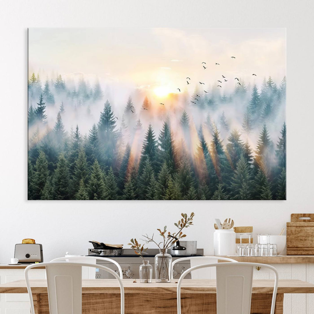 Misty Pine Forest Wall Art: A depiction of sunrise over foggy trees and birds against a bright sky; a framed woodland scene ideal for home or office decor.