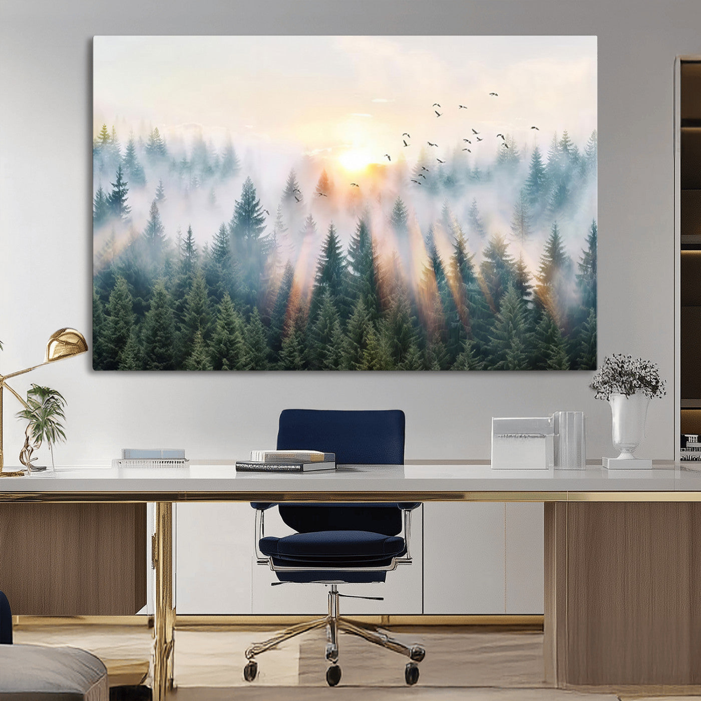 MGV-CV-36X24 - Misty Pine Forest Wall Art Canvas, Sunrise Over Foggy Trees Canvas for Home - Office, Framed