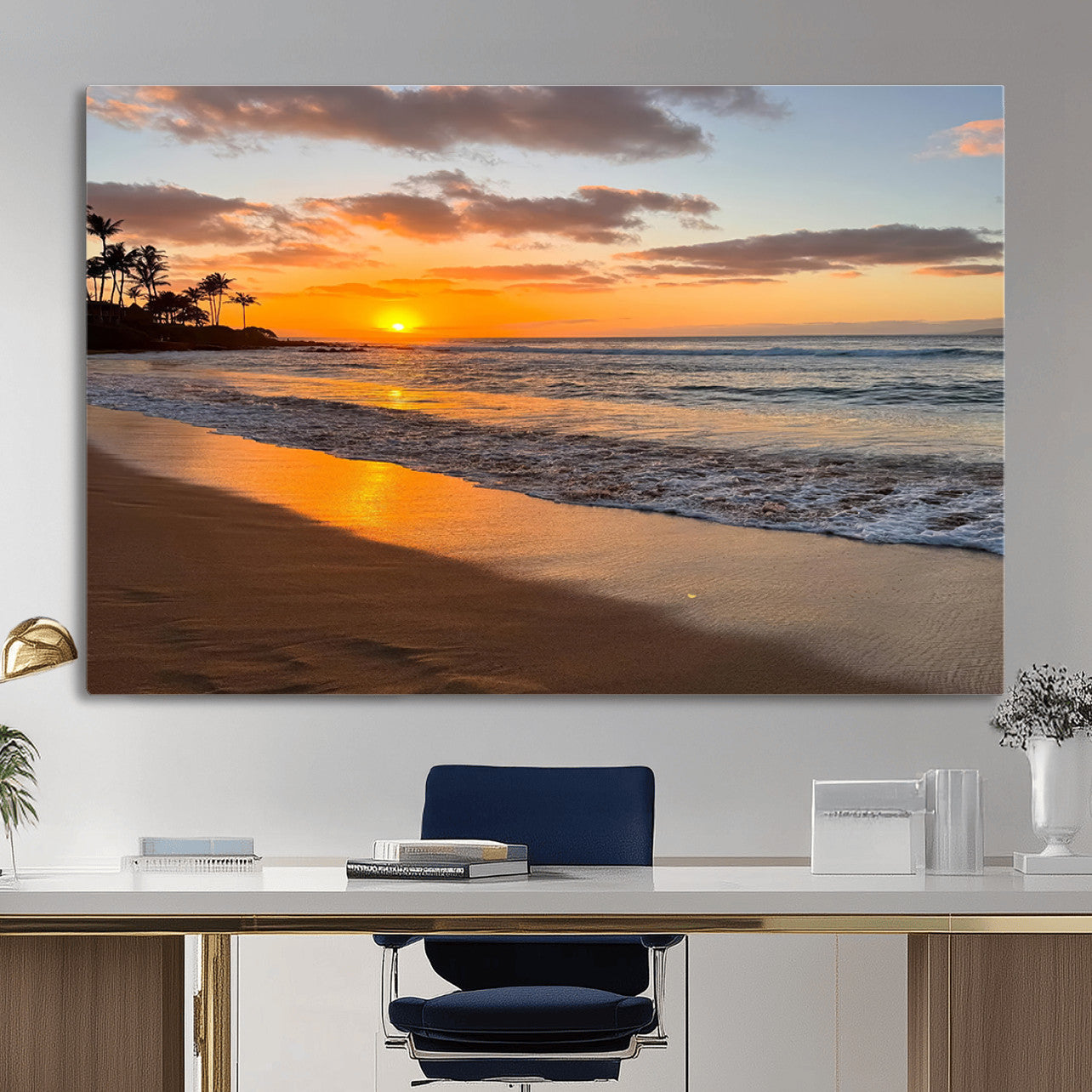 MGV-CV-36X24 - Sunset Glow Wall Art – Canvas Print of Ocean Breeze, Golden Sand, Tropical Palm Silhouettes, Tranquil Waves, Beach Nature Decor for Home