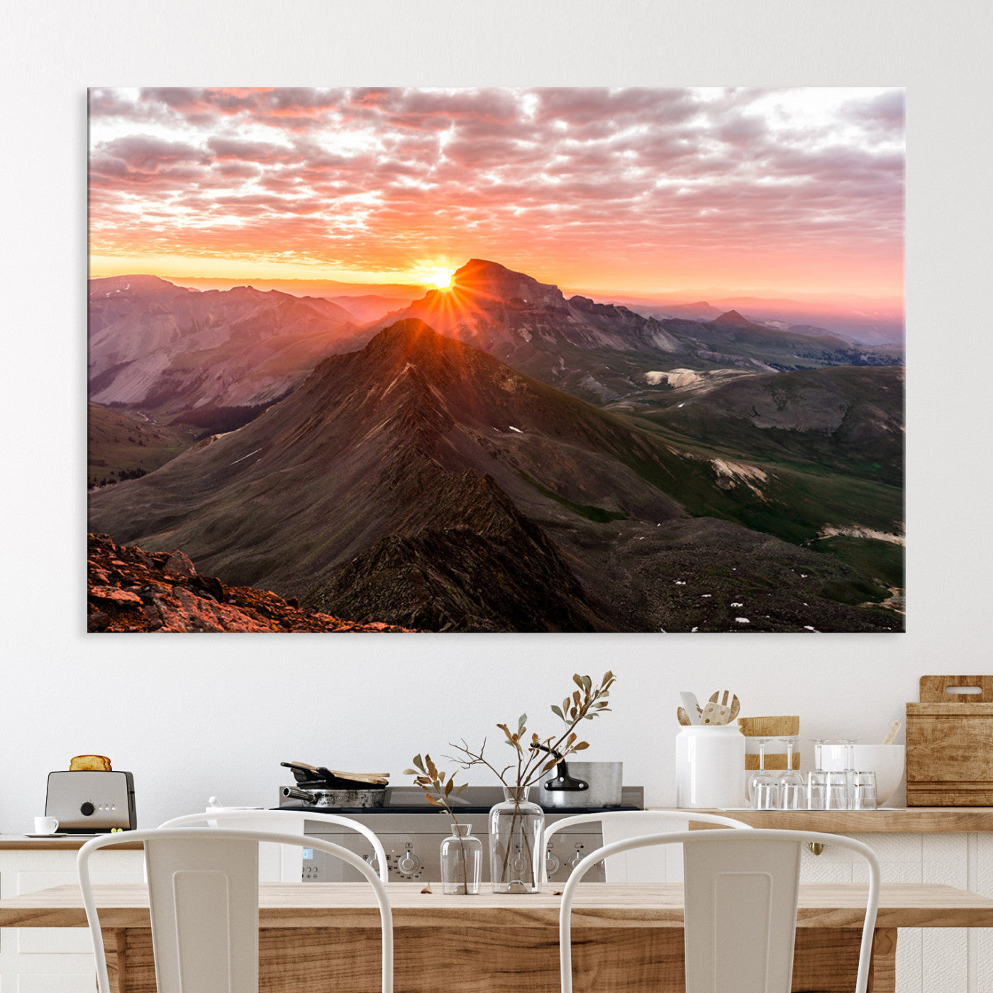 Mountain Sunrise Wall Art Canvas Print, Framed Alpine Ridge Art Picture Print, Mountain Range Perfect Vibrant Rustic Decor