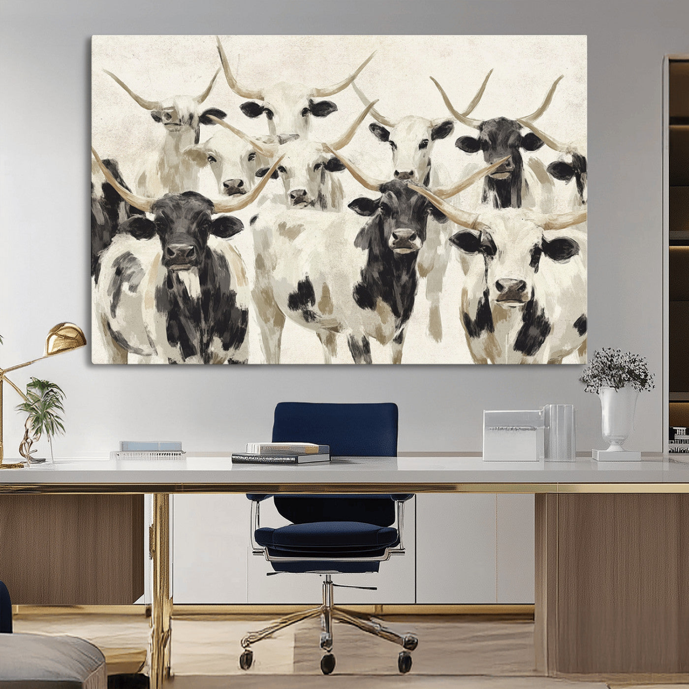 MGV-CV-36X24 - Longhorn Texas Cow Drawing Abstract Wall Art Canvas Print for Farmhouse Decor, Texas Bull Printing