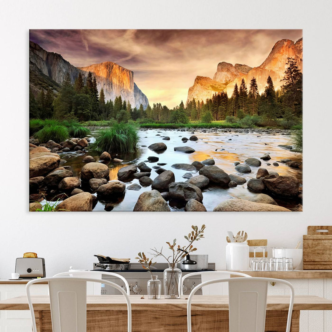 A tranquil riverside sunset mirrors the beauty of a Yosemite wall art masterpiece like the Large El Capitan Print.