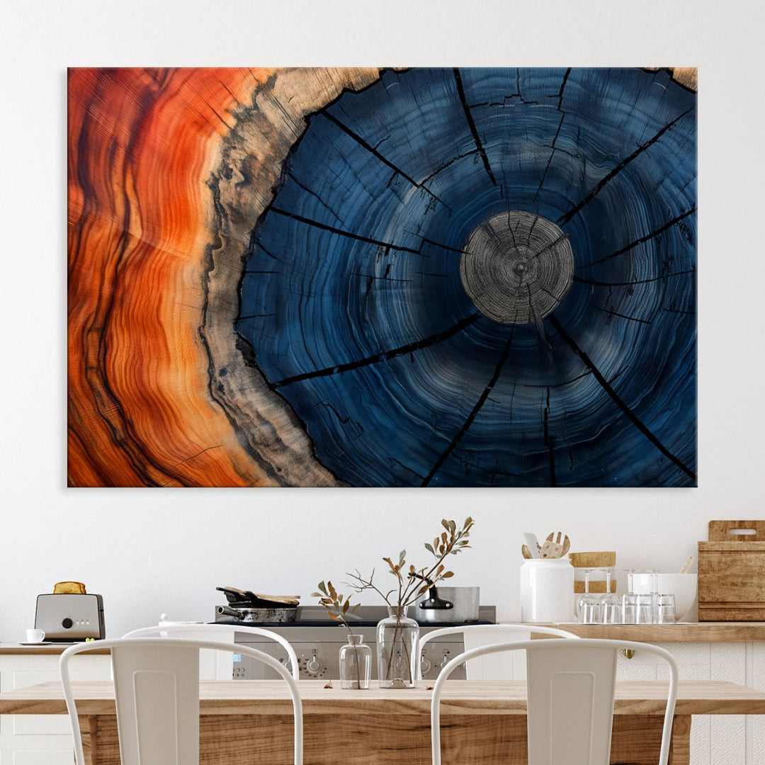 Abstract Tree Rings Canvas Print with vibrant colors—ideal farmhouse wall art for a woodland-themed home.