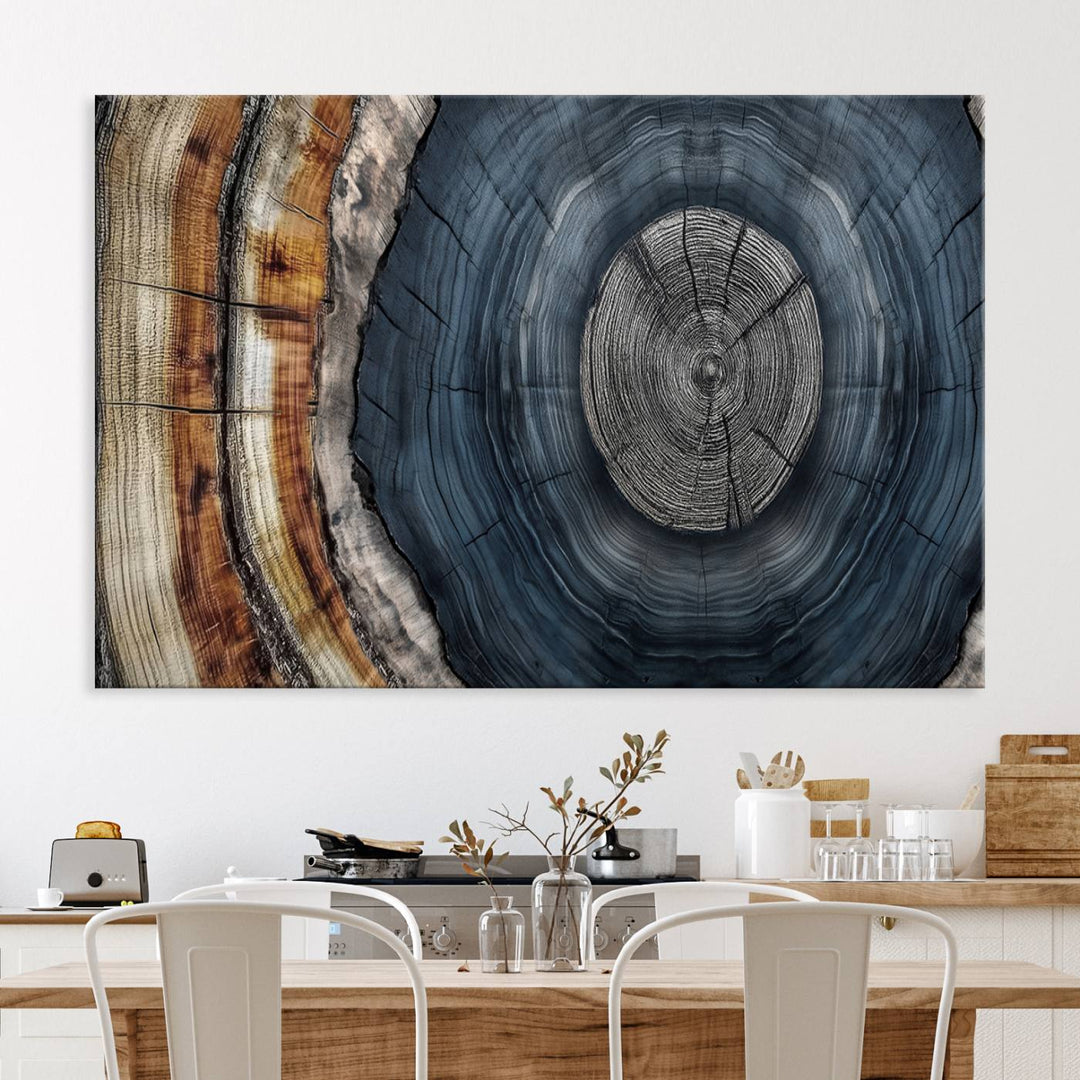 Close-up of the Abstract Tree Rings Wall Art Print featuring shades of blue, brown, and gray.