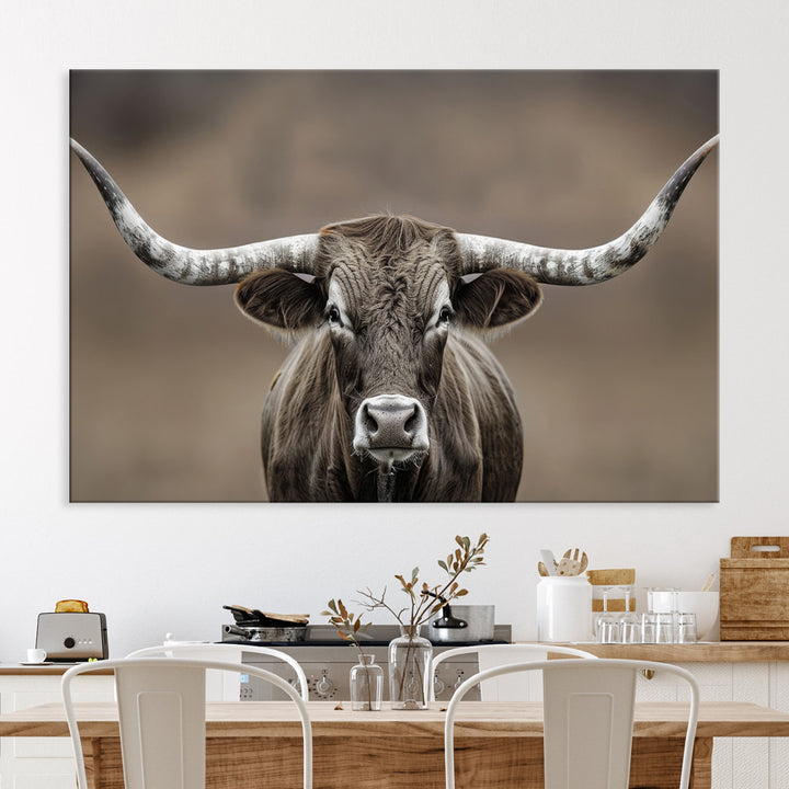 The Framed Texas Longhorn Bull Art Canvas Print adds timeless elegance to the serene setting.