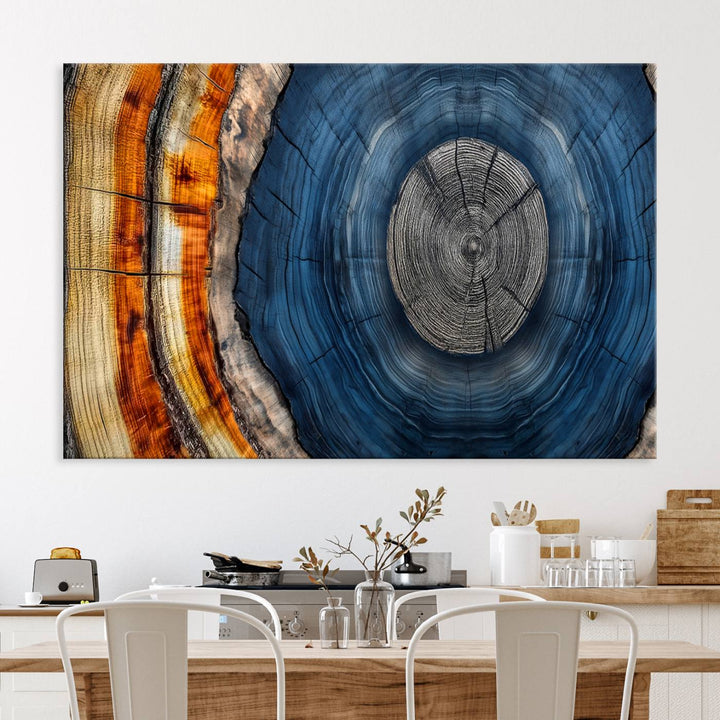 Vibrant Abstract Tree Rings in Orange, Brown, and Blue - Canvas Print for Nature Woodland Wall Decor.