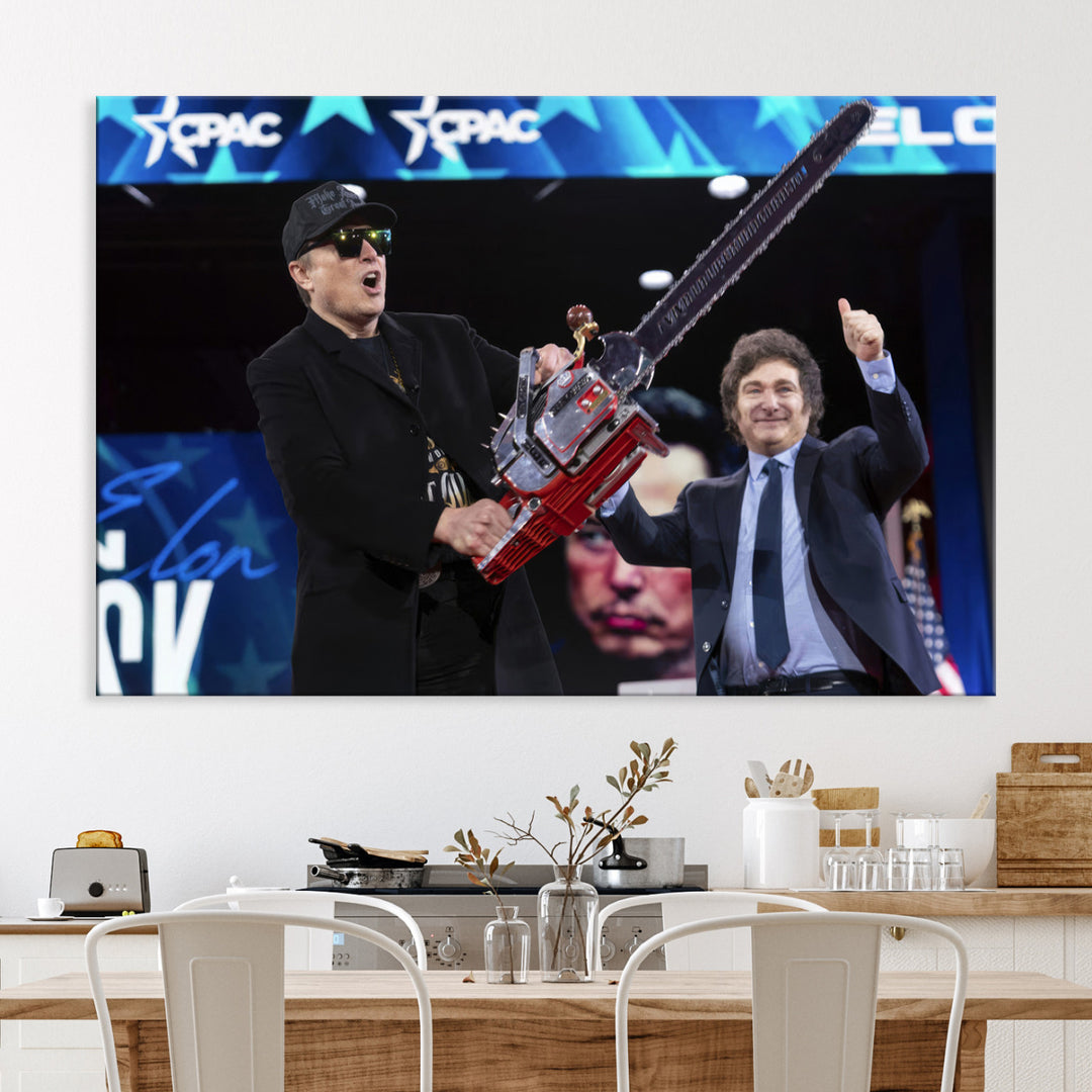 The wall art in the living room is an Elon Musk Chainsaw Art Print, depicting two men with chainsaws on stage in front of a vibrant crowd.