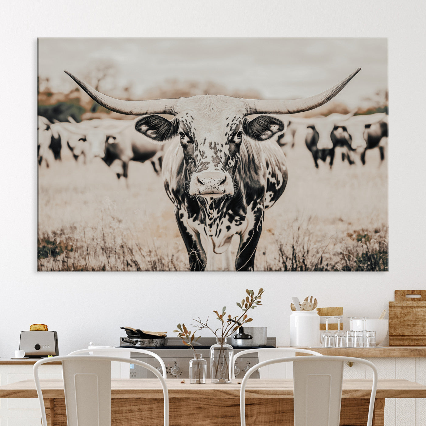 Texas Longhorn Wall Art Canvas Print, Framed Speckled Cow Art Picture Print, Horned Cattle Perfect Rustic Western Decor Artwork