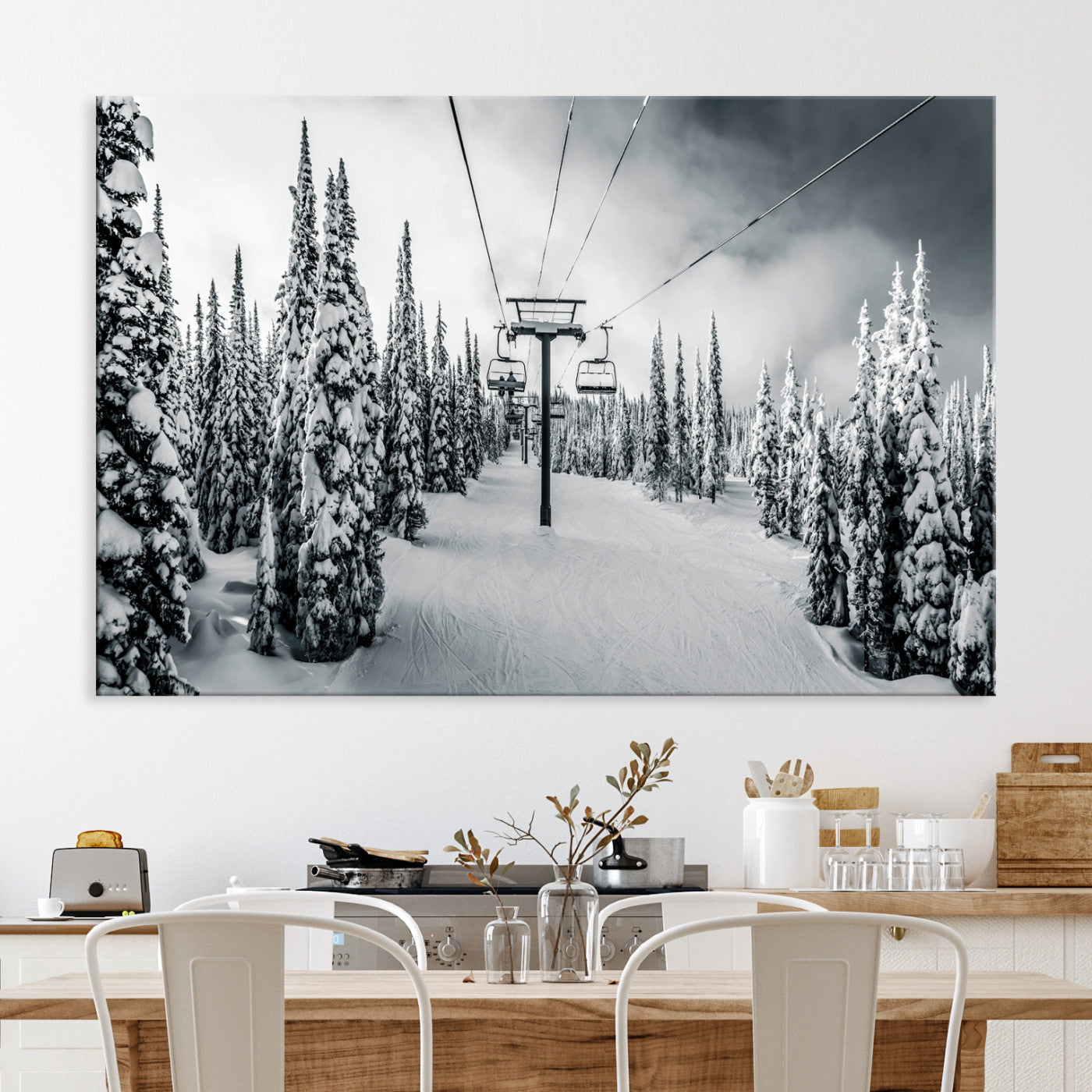 Snowy Pines Wall Art Canvas Print, Framed Ski Lift Art Picture Print, Winter Forest Perfect Moody Lodge Decor, Ski Lift Wall Art Canvas