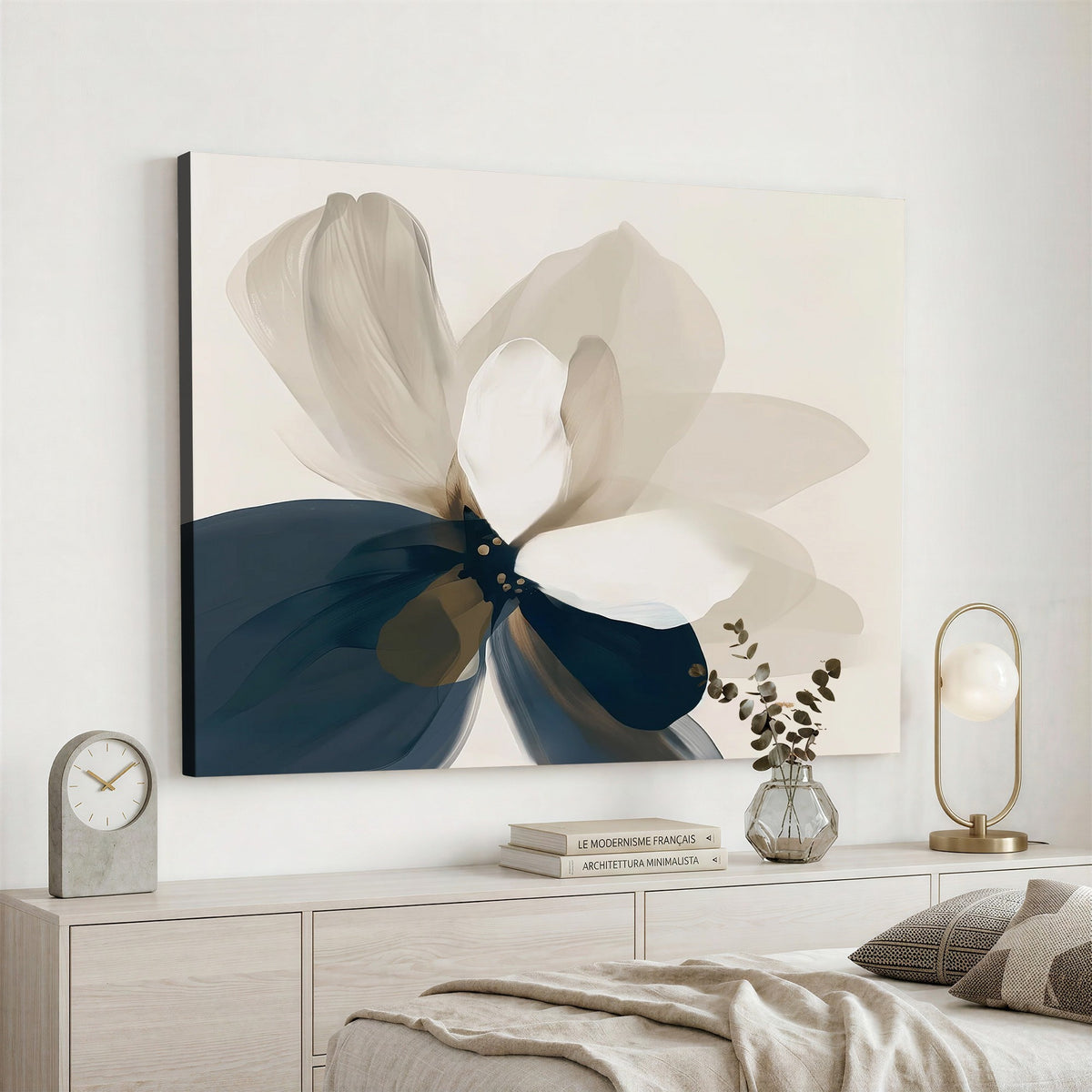 42188901-MGV-CV-24X16 - Minimal Flower Wall Art Canvas Print | Framed Beige and Navy Bloom