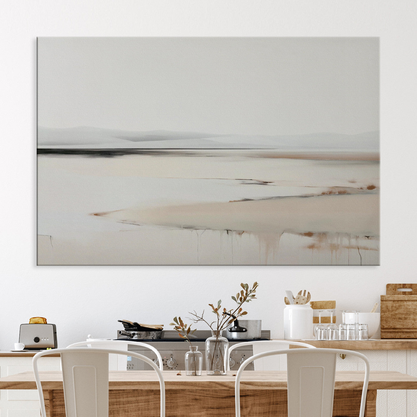 Minimalist Landscape Wall Art Canvas Print, Framed Soft Horizon Art Picture Print, Abstract Seascape Perfect Minimalist Earthy Decor, Framed